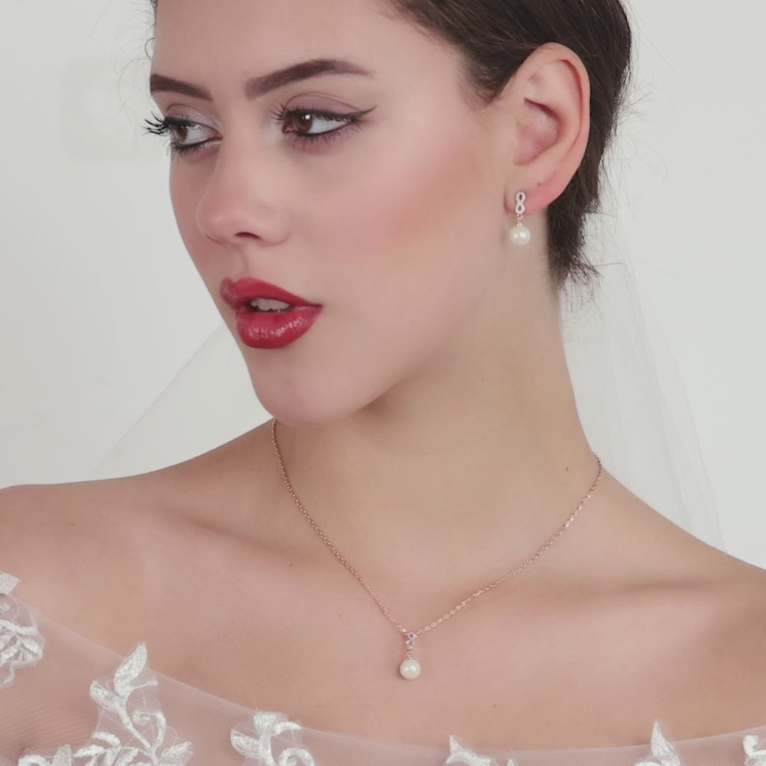 Rose Gold Plated Infinity Pearl Drop Bridal Set Created with Zircondia® Crystals