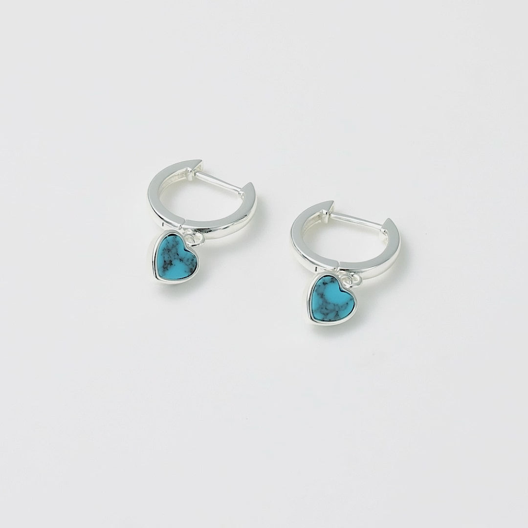 Synthetic Turquoise Gemstone Heart Charm Hoop Earrings