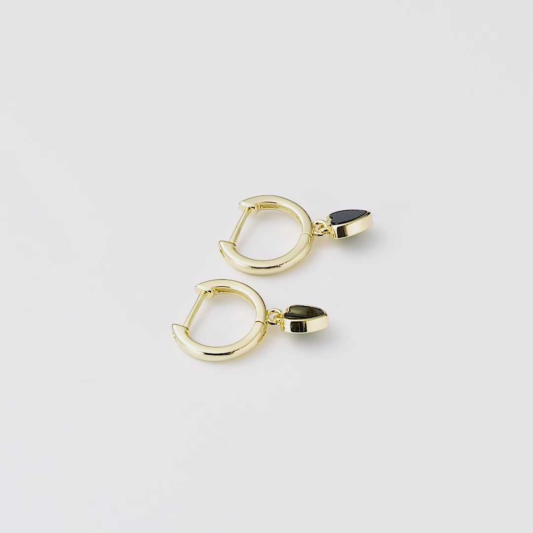18k Gold Plated Black Onyx Gemstone Heart Charm Hoop Earrings