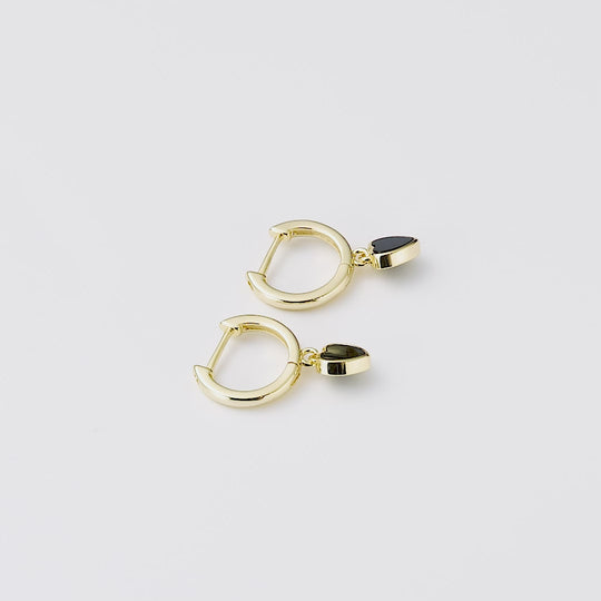 18k Gold Plated Black Onyx Gemstone Heart Charm Hoop Earrings