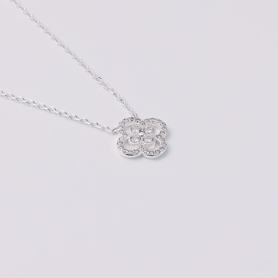 Silver Plated Clover Halo Necklace Created with Zircondia® Crystals