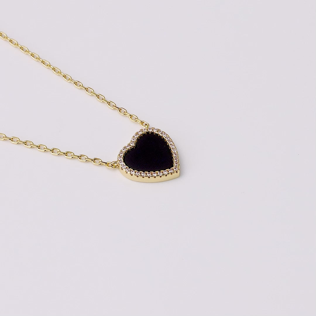 18k Gold Plated Black Onyx Gemstone Heart Necklace with Zircondia® Crystals