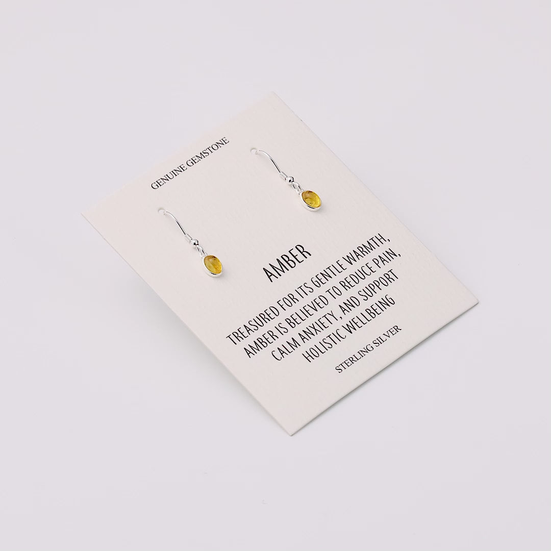 Sterling Silver Amber Oval Drop Earrings with Quote Card