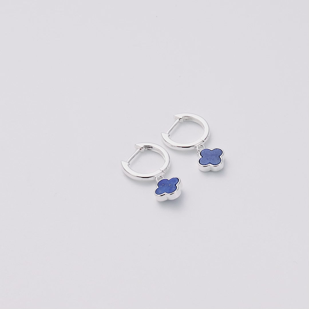Lapis Gemstone Clover Charm Hoop Earrings