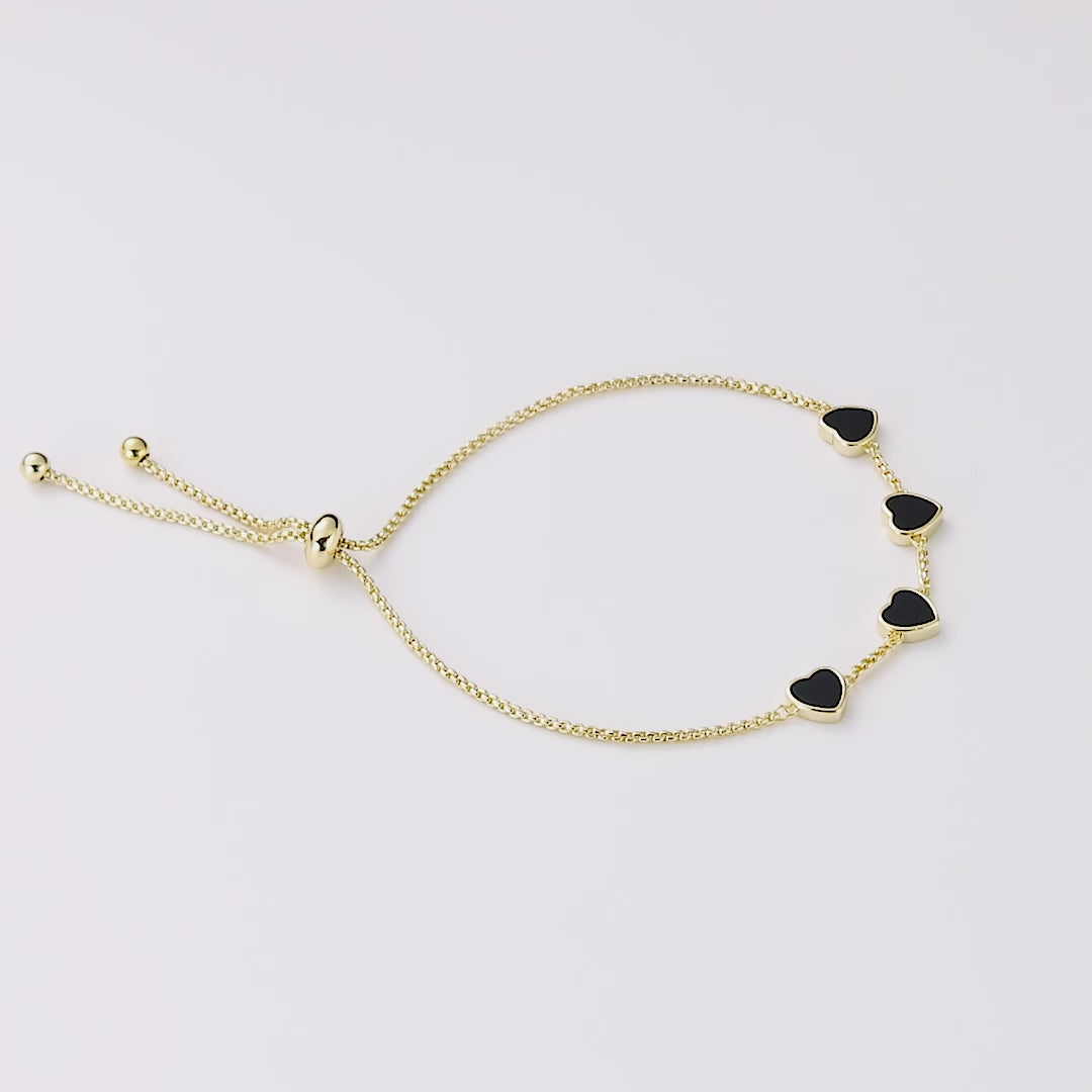 18k Gold Plated Black Onyx Gemstone Multi Heart Friendship Slider Bracelet