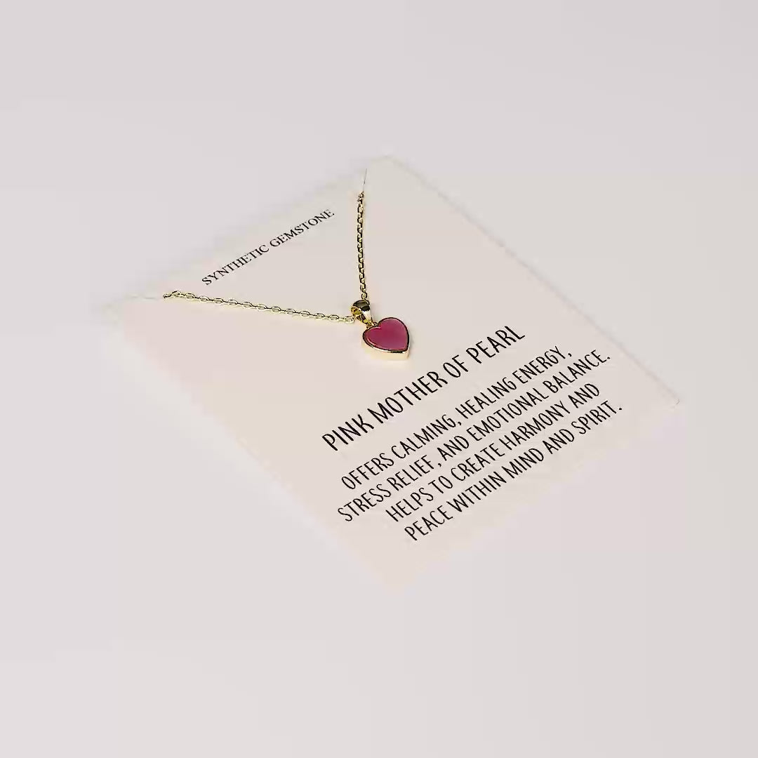 18k Gold Plated Pink Mother of Pearl Gemstone Heart Necklace with Quote Card