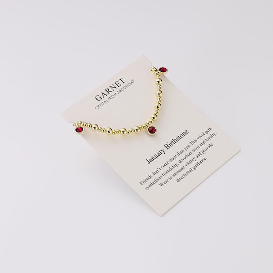 18k Gold Plated January (Garnet) Birthstone Stretch Charm Bracelet with Quote Card