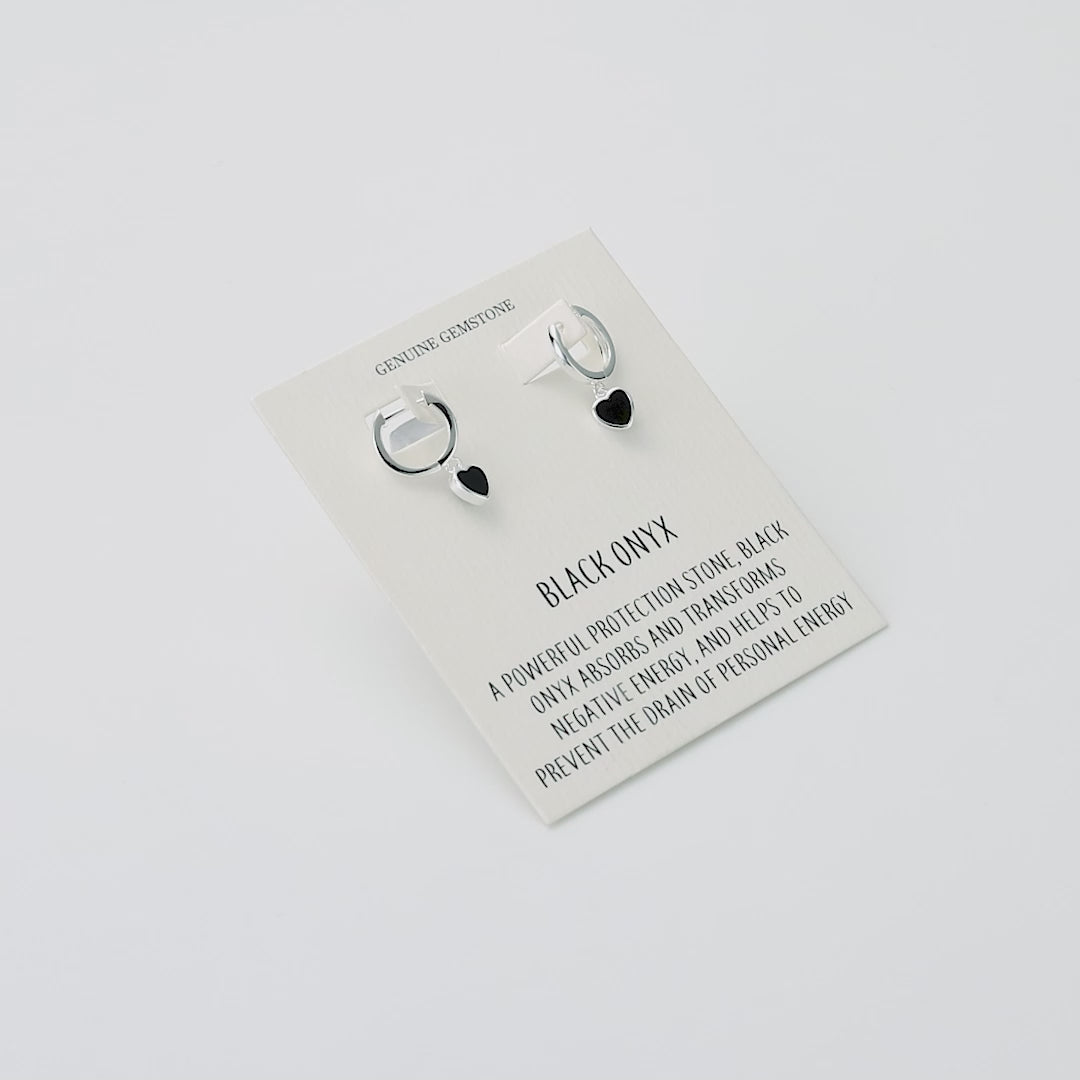 Black Onyx Gemstone Heart Charm Hoop Earrings with Quote Card