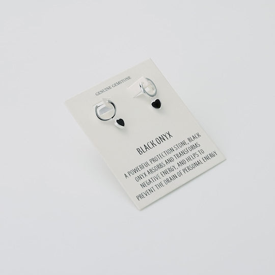 Black Onyx Gemstone Heart Charm Hoop Earrings with Quote Card
