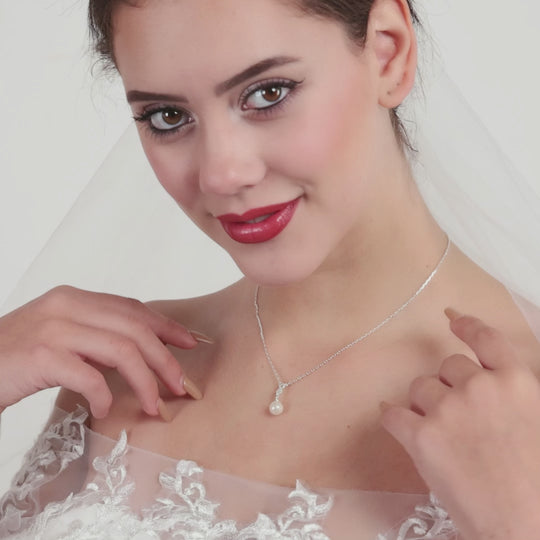 Silver Plated Infinity Pearl Drop Bridal Necklace Created with Zircondia® Crystals