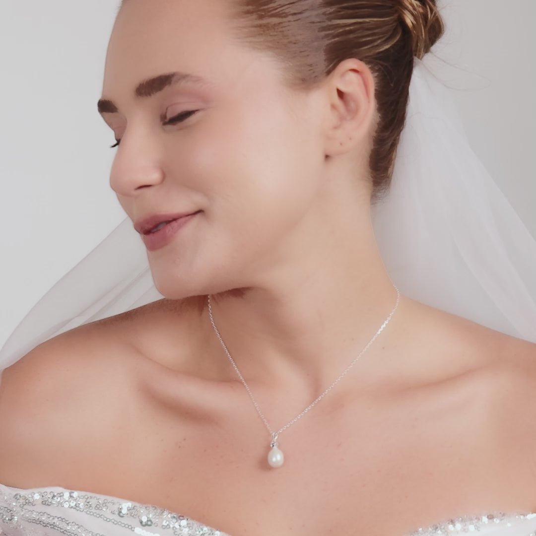 Sterling Silver White Pearl Drop Bridal Necklace Created with Zircondia® Crystals