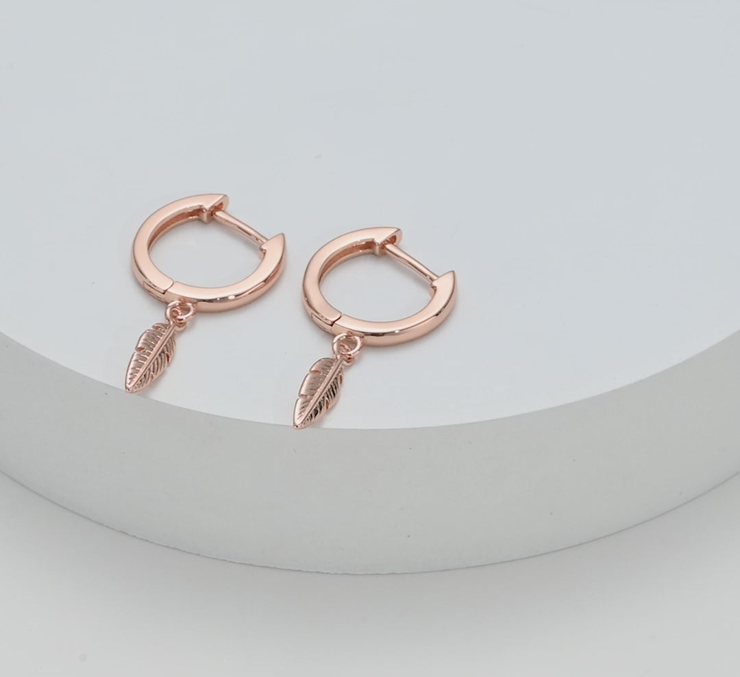 Rose Gold Plated Feather Charm Hoop Earrings Video