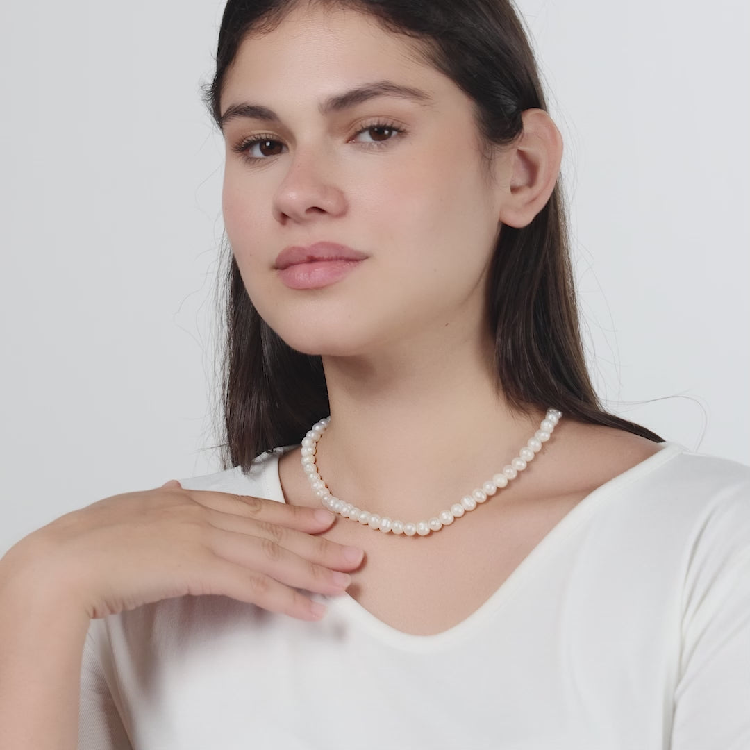 Sterling Silver White Freshwater Pearl Strand Choker Necklace