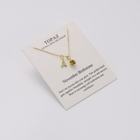 Customisable Gold Plated November (Topaz) Birthstone Necklace with Option of Initial Charms (A-Z)