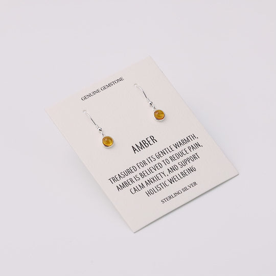 Sterling Silver Amber Round Drop Earrings with Quote Card
