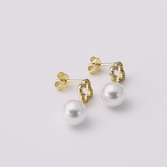 18k Gold Plated Clover Pearl Drop Earrings Created with Zircondia® Crystals