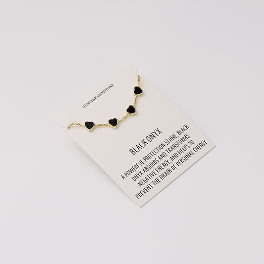 18k Gold Plated Black Onyx Gemstone Multi Heart Friendship Slider Bracelet with Quote Card