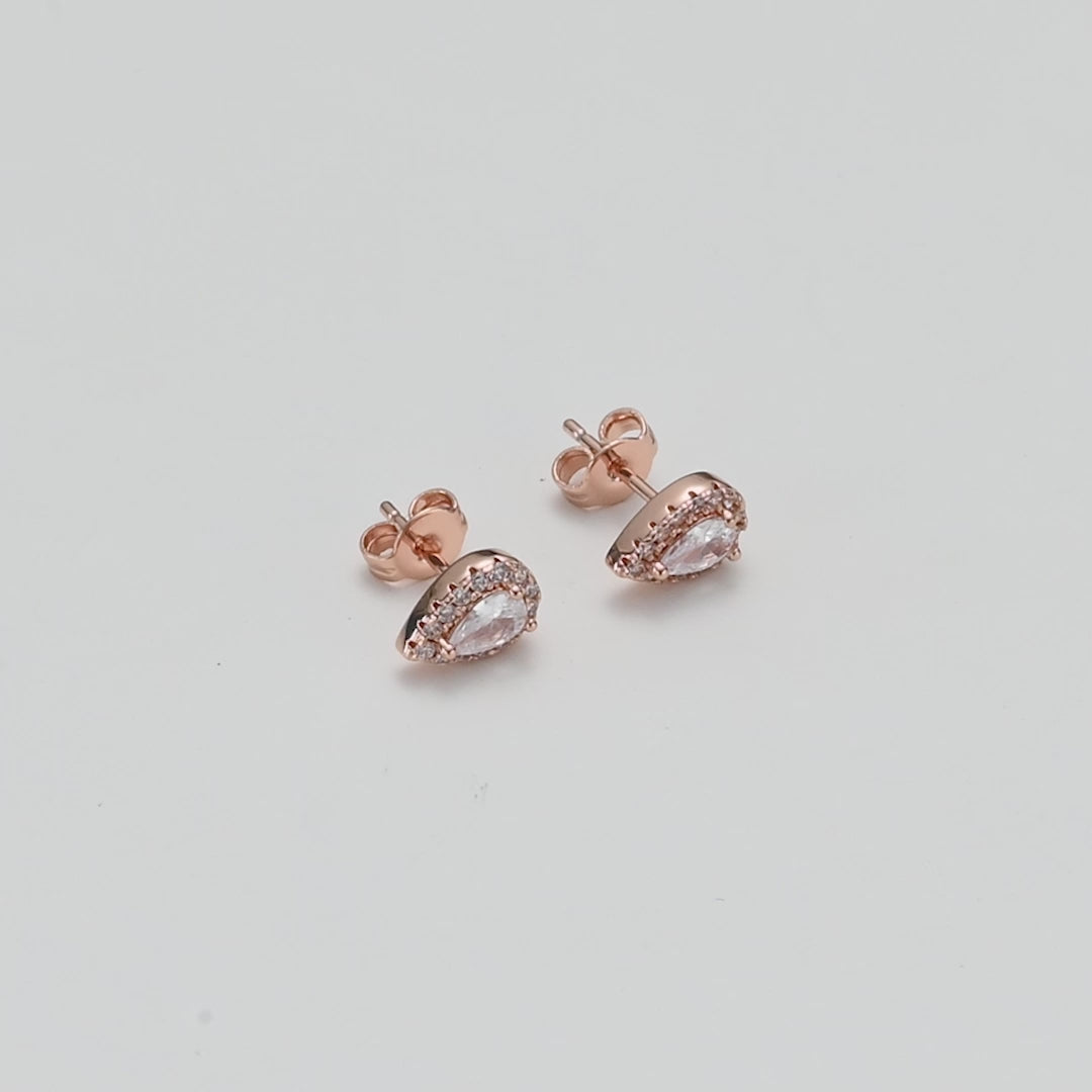 Rose Gold Plated Pear Halo Earrings Created with Zircondia® Crystals Video