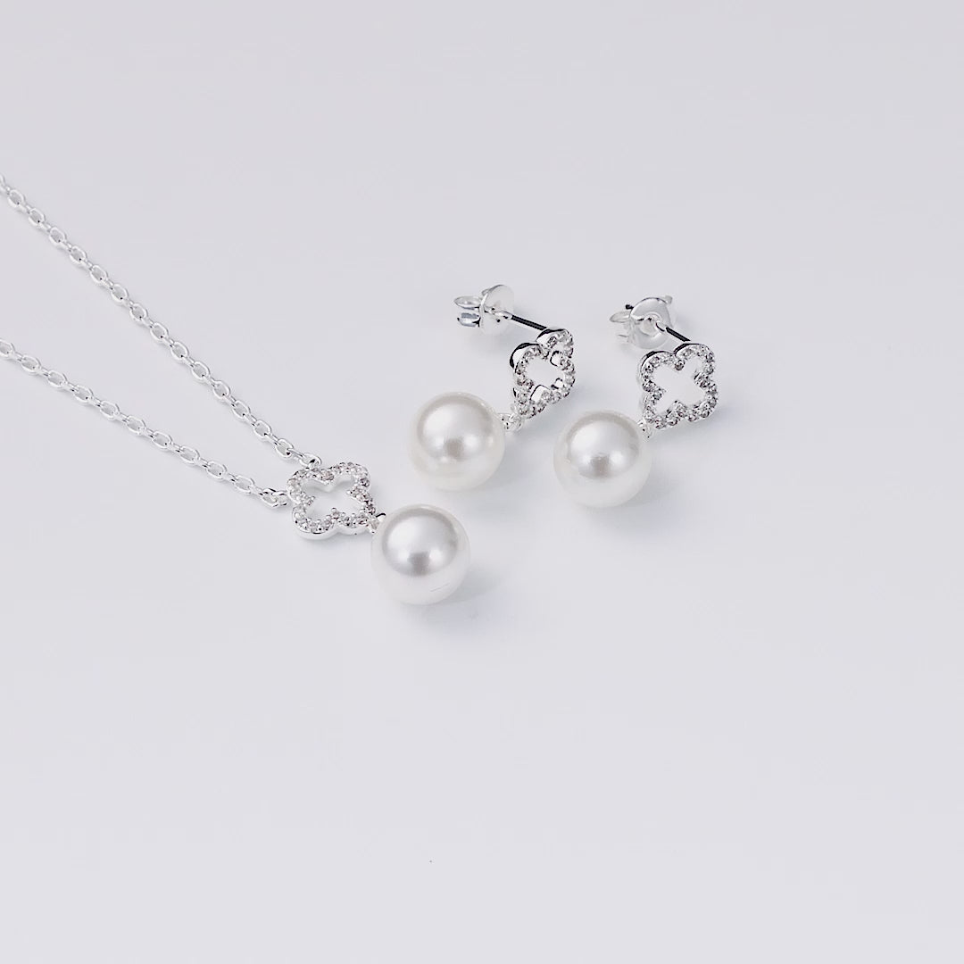 Silver Plated Clover Pearl Drop Set Created with Zircondia® Crystals