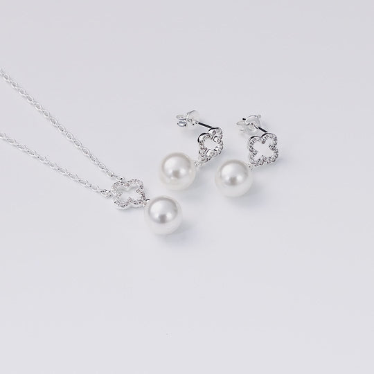 Silver Plated Clover Pearl Drop Set Created with Zircondia® Crystals