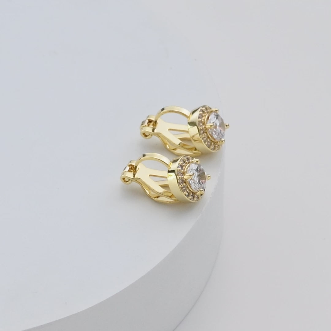 Gold Plated Round Halo Clip On Earrings Created with Zircondia® Crystals Video