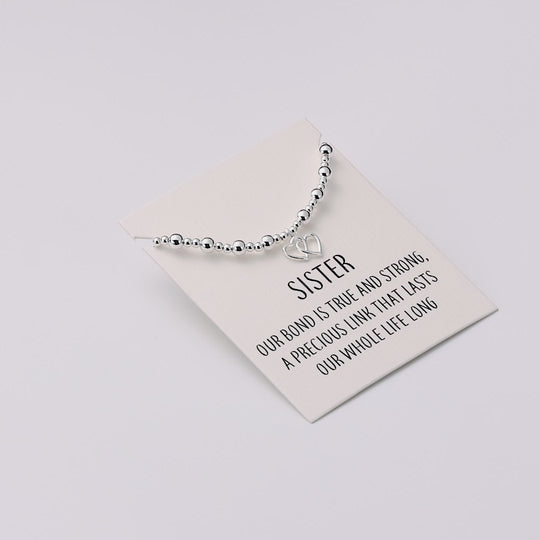 Sister Heart Link Beaded Stretch Bracelet with Quote Card