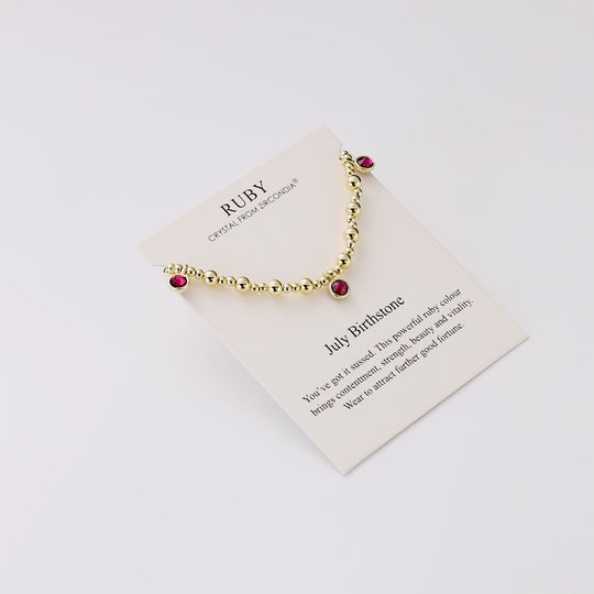 18k Gold Plated July (Ruby) Birthstone Stretch Charm Bracelet with Quote Card