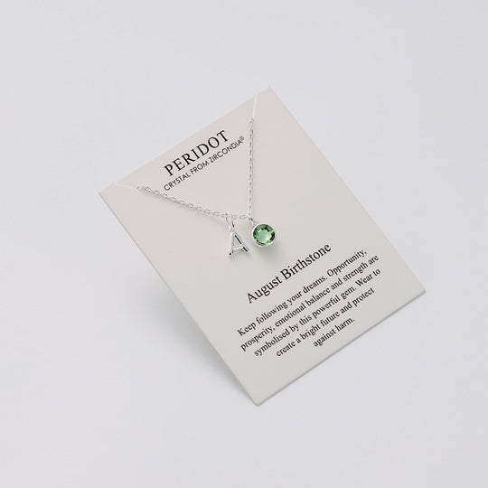 Customisable August (Peridot) Birthstone Necklace with Option of Initial Charms (A-Z)