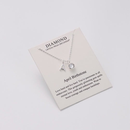 Customisable April (Diamond) Birthstone Necklace with Option of Initial Charms (A-Z)