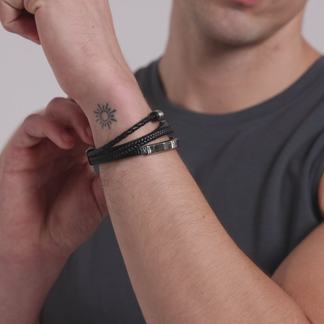Men's Steel Genuine Black Leather Double Braided Bracelet Video