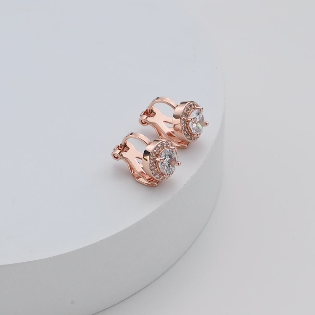 Rose Gold Plated Round Halo Clip On Earrings Created with Zircondia® Crystals Video