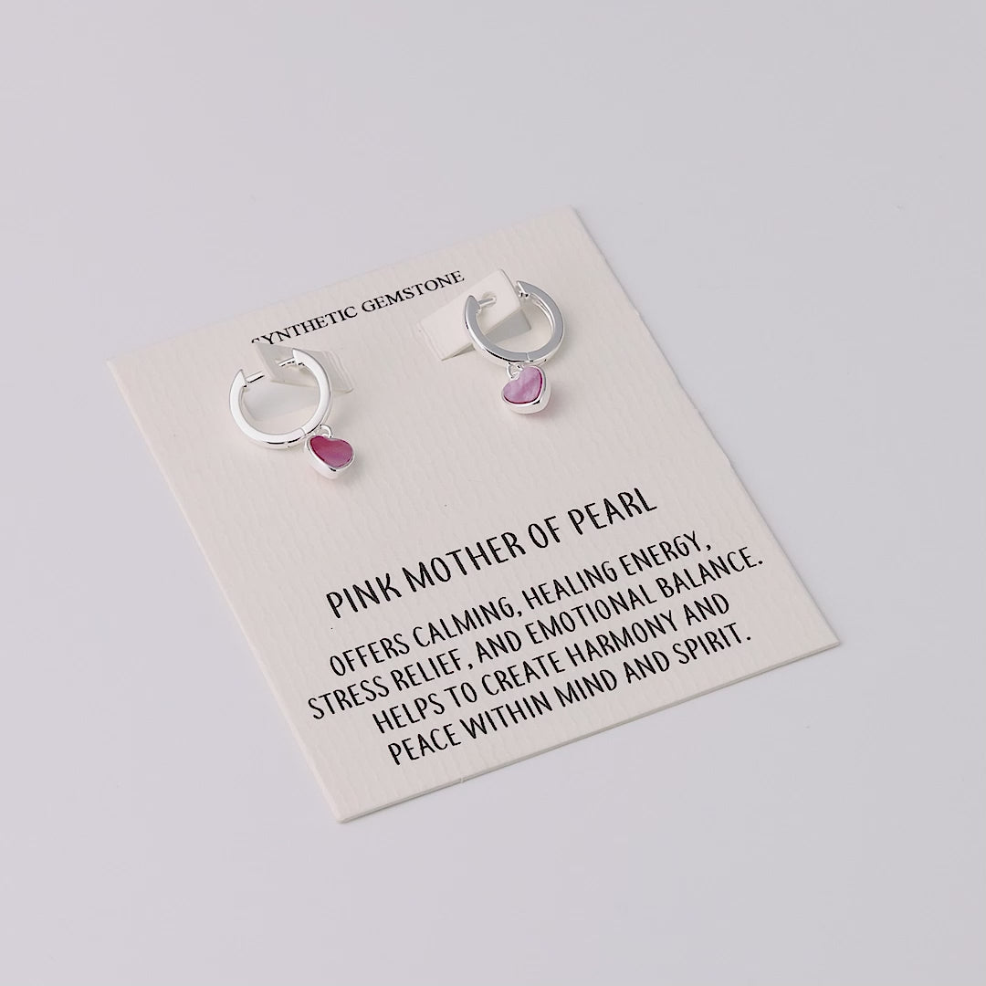 Pink Mother of Pearl Gemstone Heart Charm Hoop Earrings with Quote Card