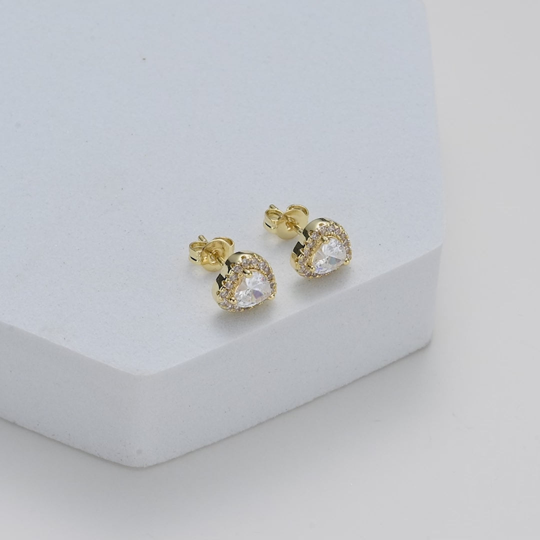 Gold Plated Heart Halo Earrings Created with Zircondia® Crystals Video