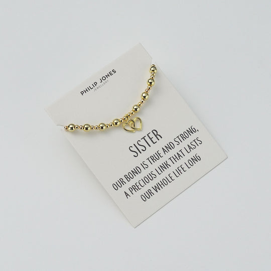 18k Gold Plated Sister Heart Link Beaded Stretch Bracelet with Quote Card