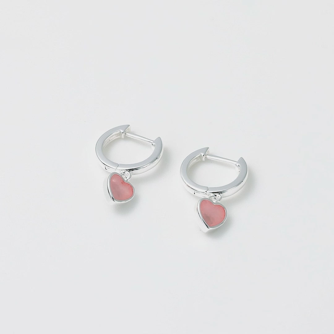 Rose Quartz Gemstone Heart Charm Hoop Earrings