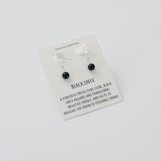 Black Onyx Gemstone Round Drop Earrings with Quote Card