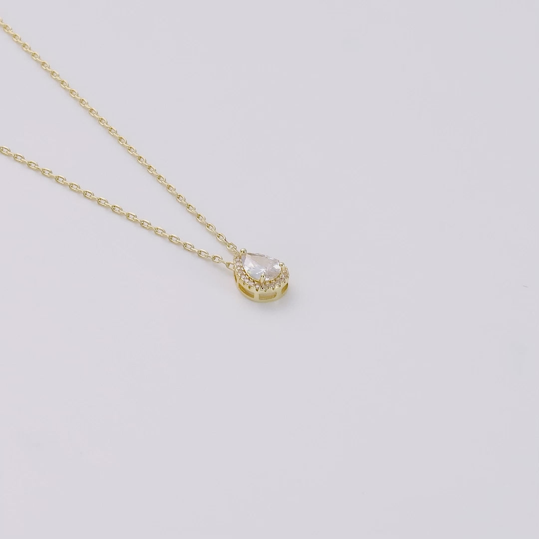 Gold Plated Pear Halo Necklace Created with Zircondia® Crystals
