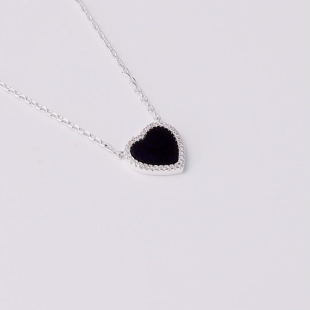 Black Onyx Gemstone Heart Necklace with Zircondia® Crystals