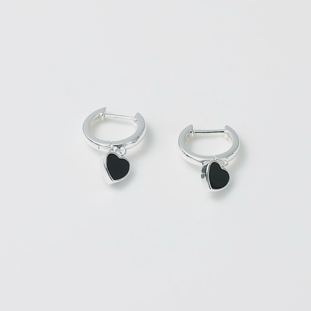 Black Onyx Gemstone Heart Charm Hoop Earrings