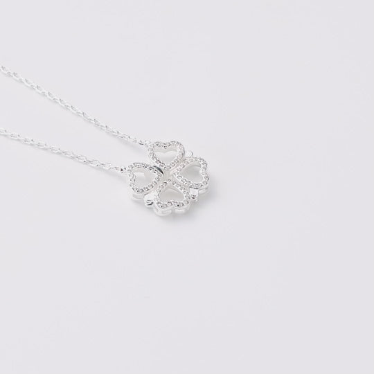 Silver Plated 2 in 1 Four Leaf Clover Heart Charm Necklace Created with Zircondia® Crystals