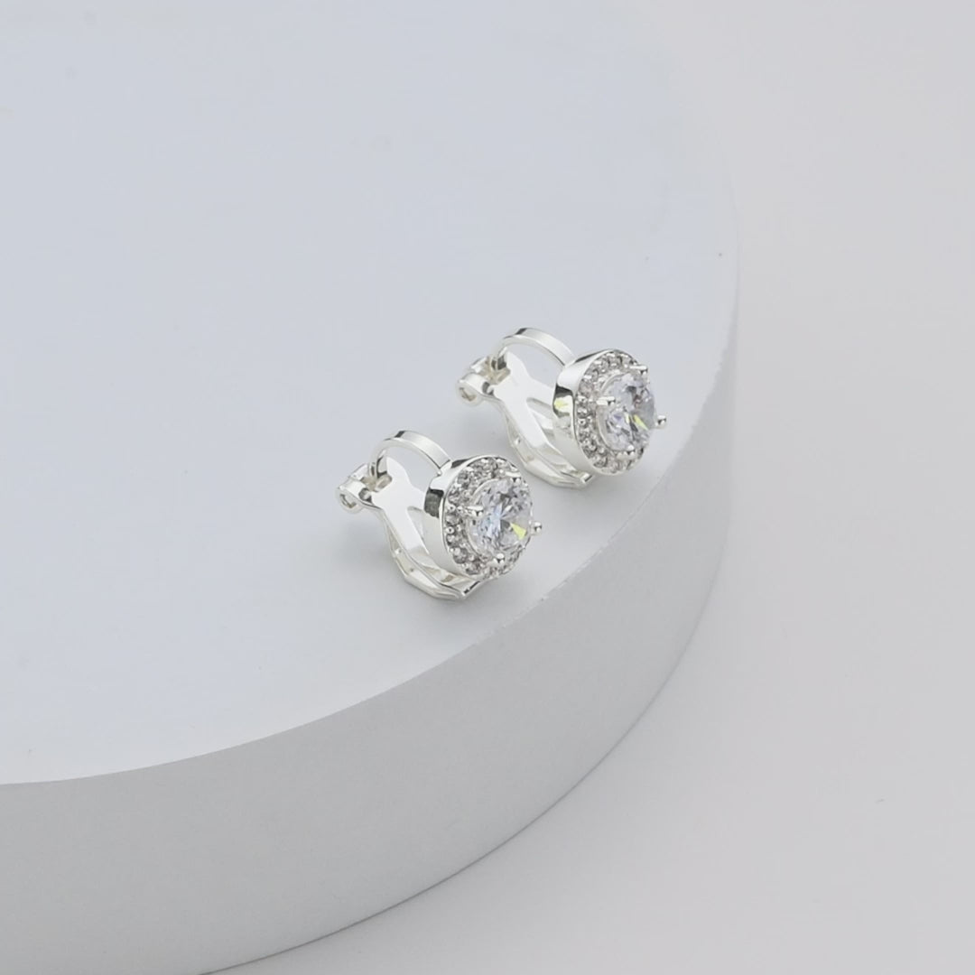 Silver Plated Round Halo Clip On Earrings Created with Zircondia® Crystals Video