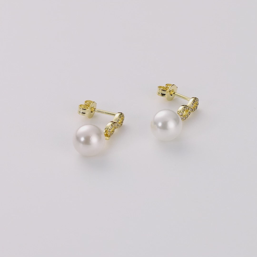 Gold Plated Infinity Pearl Drop Earrings Created with Zircondia® Crystals