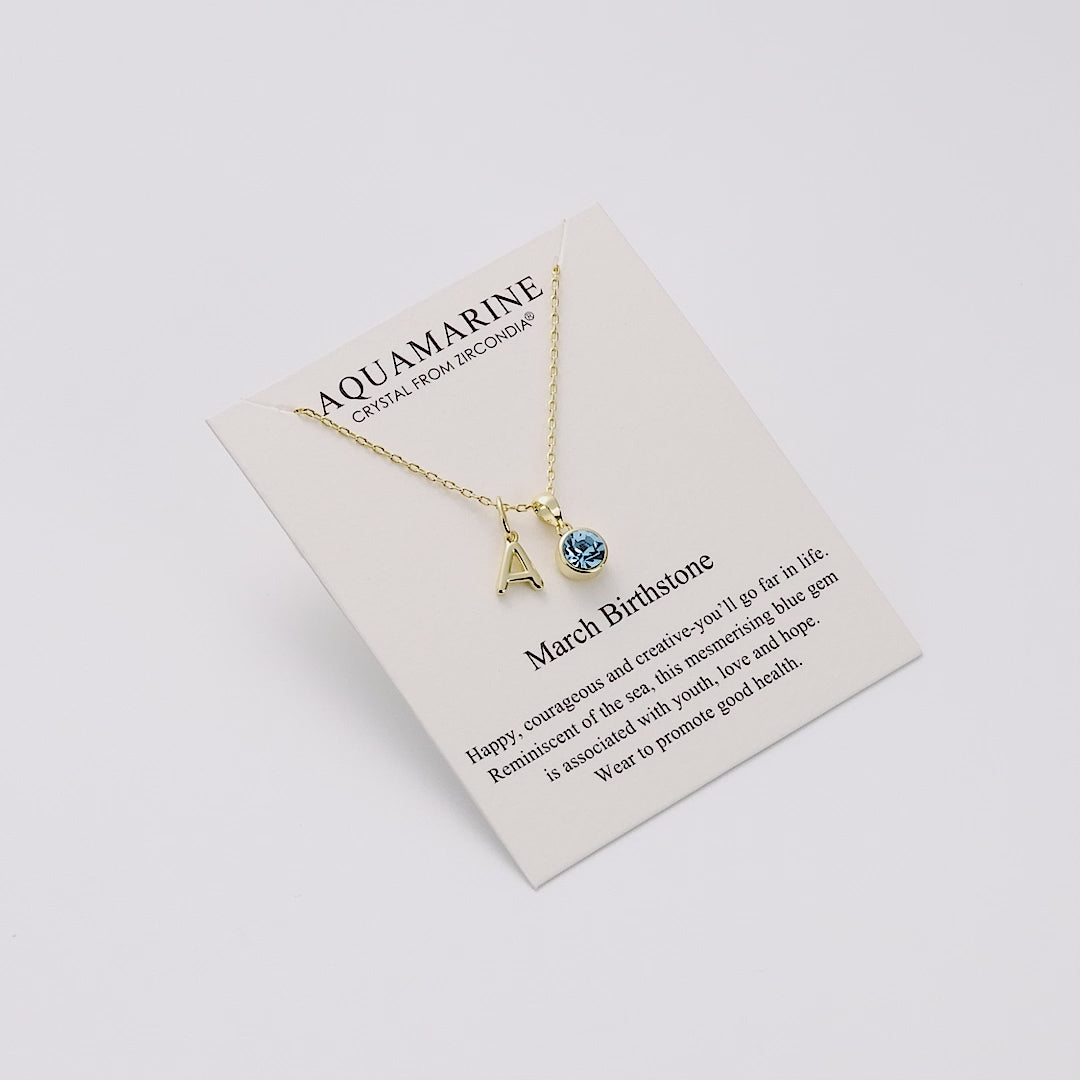 Customisable Gold Plated March (Aquamarine) Birthstone Necklace with Option of Initial Charms (A-Z)