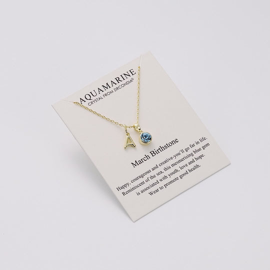 Customisable Gold Plated March (Aquamarine) Birthstone Necklace with Option of Initial Charms (A-Z)
