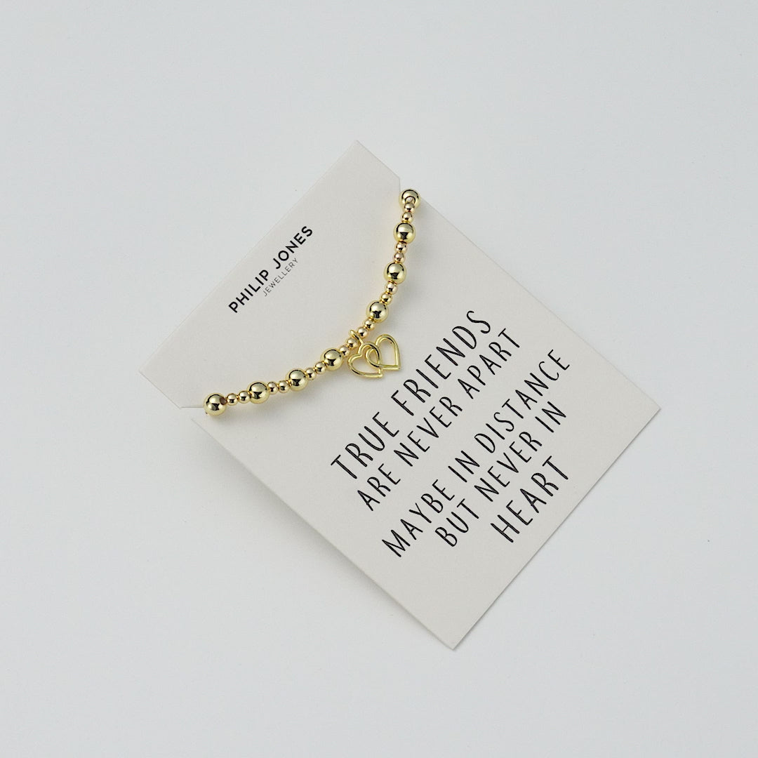 18k Gold Plated Heart Link Beaded Stretch True Friends Bracelet with Quote Card