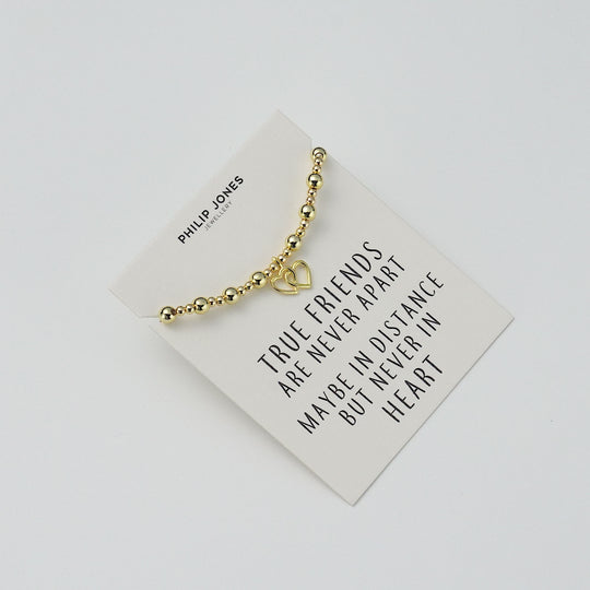 18k Gold Plated Heart Link Beaded Stretch True Friends Bracelet with Quote Card