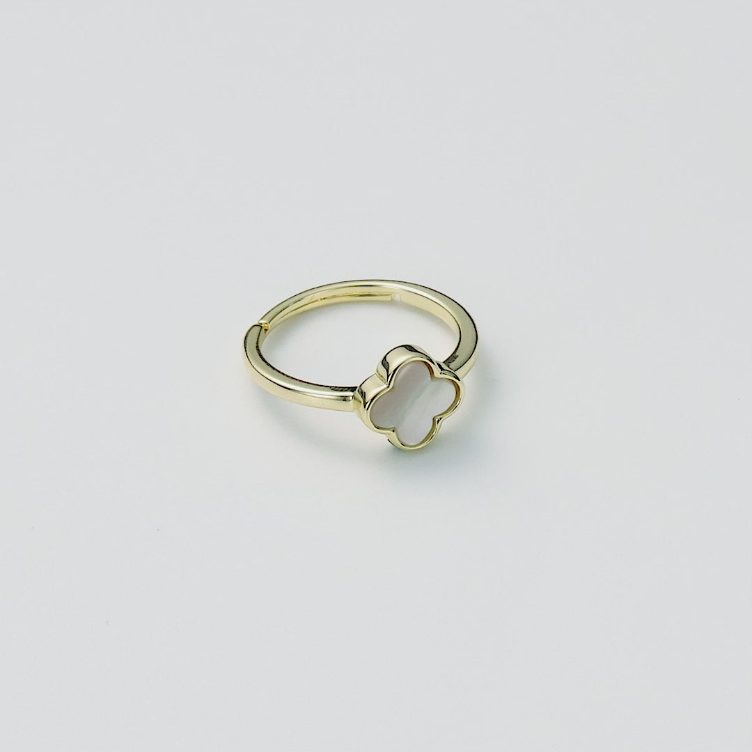 Gold Plated Mother of Pearl Gemstone Adjustable Clover Ring