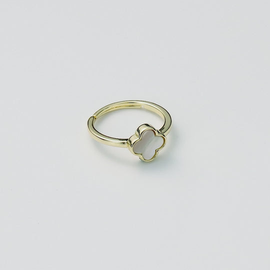 Gold Plated Mother of Pearl Gemstone Adjustable Clover Ring