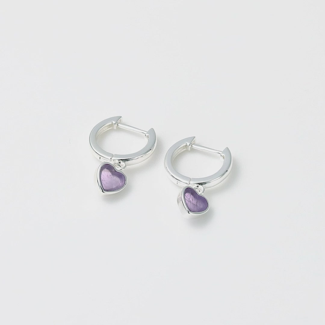 Amethyst Gemstone Heart Charm Hoop Earrings