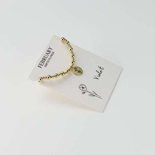 18k Gold Plated February Birth Flower Violet Beaded Stretch Bracelet with Card